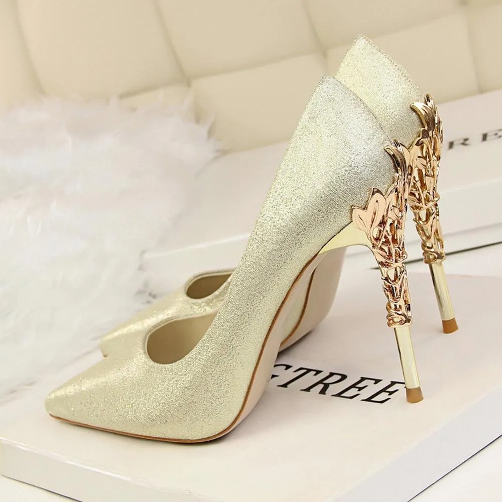 Metal Carved Thin Heel High Heels Pumps Shoes