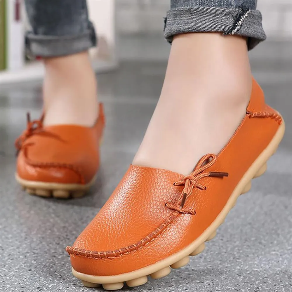 Simple Bow Soft Leather Slip-On Moccasin Boat Shoes