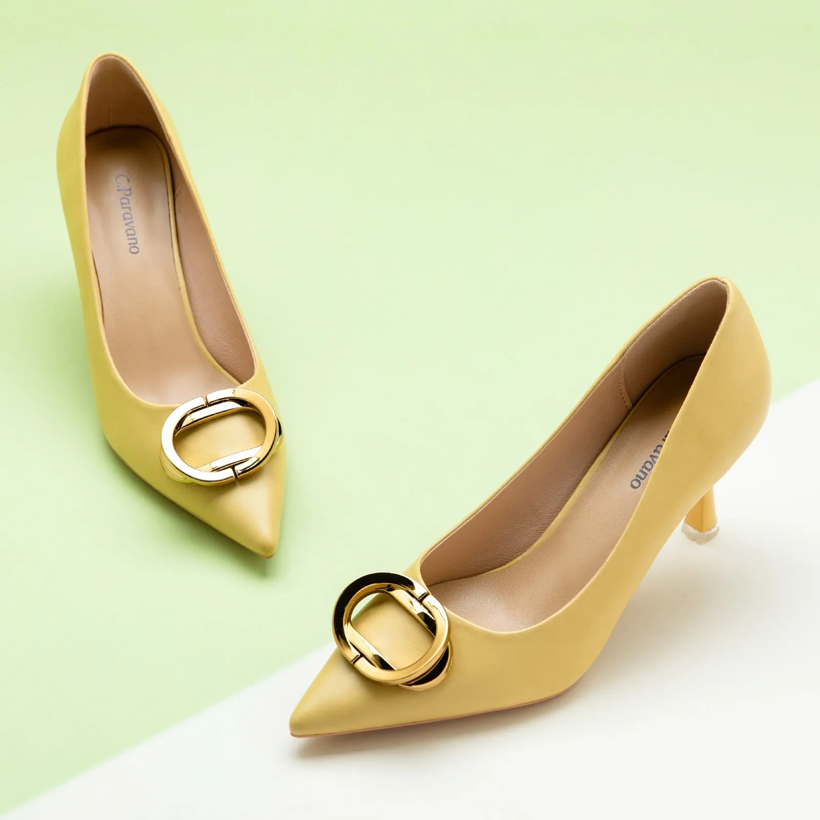 Stacked Metal Buckle Pumps (Olivia) Yellow