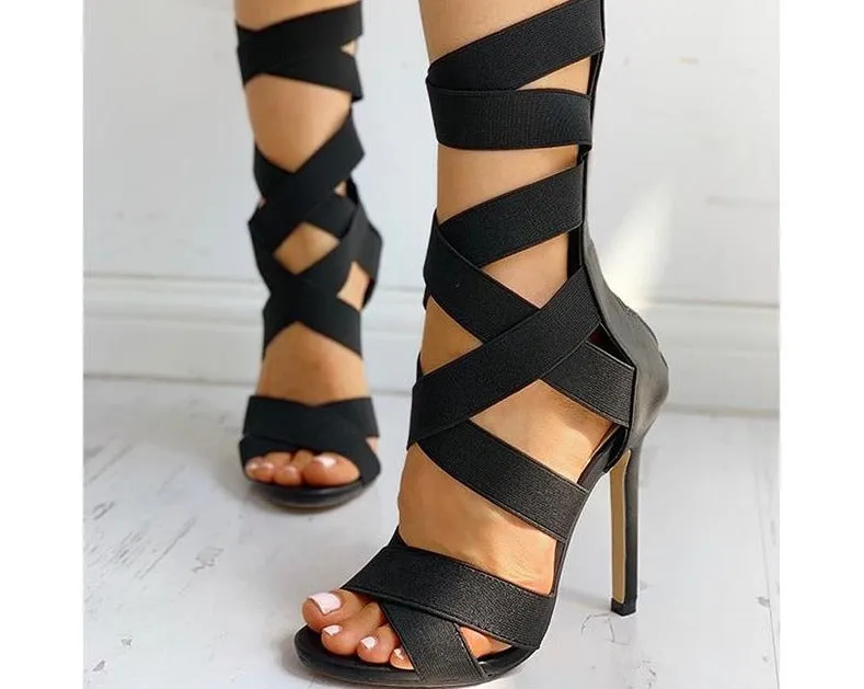 Summer Fashion Women Shoes Bandage Lace-Up Zipper Back Thin Heels Sandals Open Toe   Light Yellow Party Queen Shoes