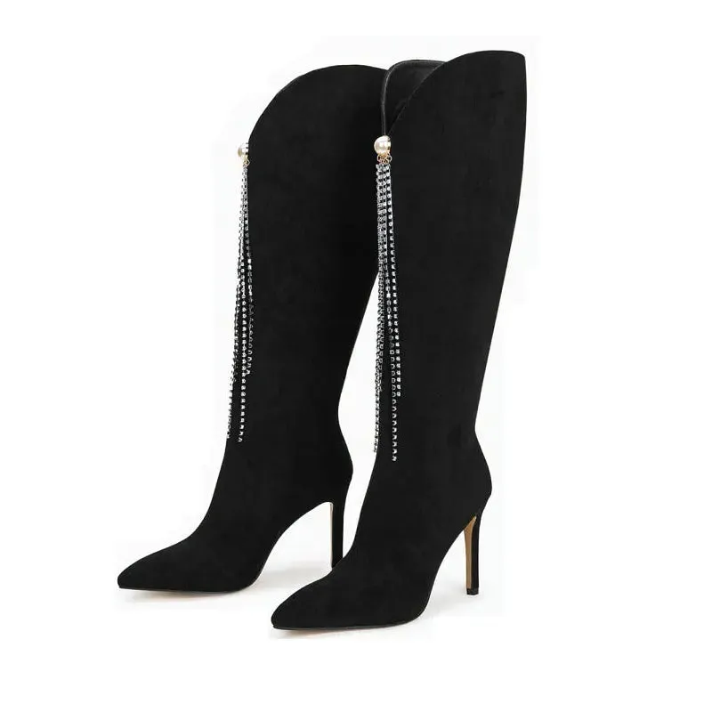 TAVIMART  -  New Design Suede Leather Back Pearl Tassel Solid Color Women Long Boots Pointed Thin Heels Sweet Sexy Ladies Shoes Femme