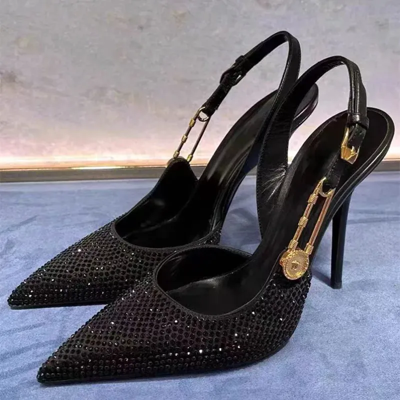 Uniwim Luxury Rhinestones Sequined Buckle Women Pumps Elegant Pointed toe Slingbacks Stiletto High heels Spring Summer Fashion Shoes