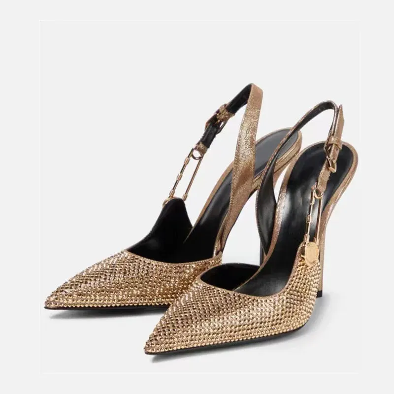 Uniwim Luxury Rhinestones Sequined Buckle Women Pumps Elegant Pointed toe Slingbacks Stiletto High heels Spring Summer Fashion Shoes