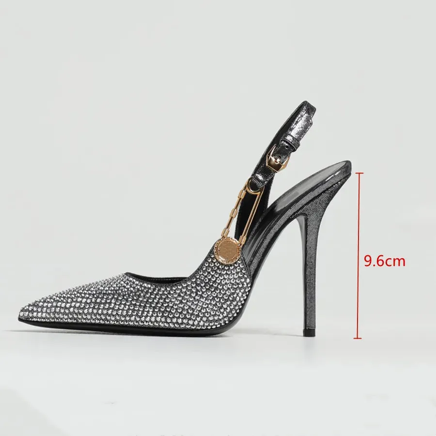 Uniwim Luxury Rhinestones Sequined Buckle Women Pumps Elegant Pointed toe Slingbacks Stiletto High heels Spring Summer Fashion Shoes