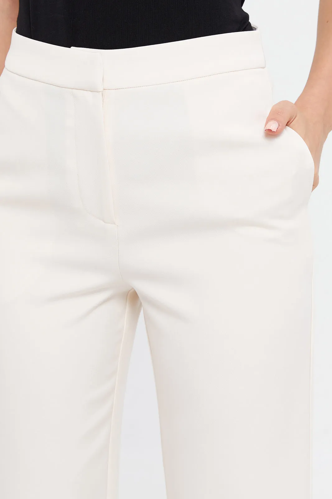 Women Ivory Plain Straight Leg Trouser